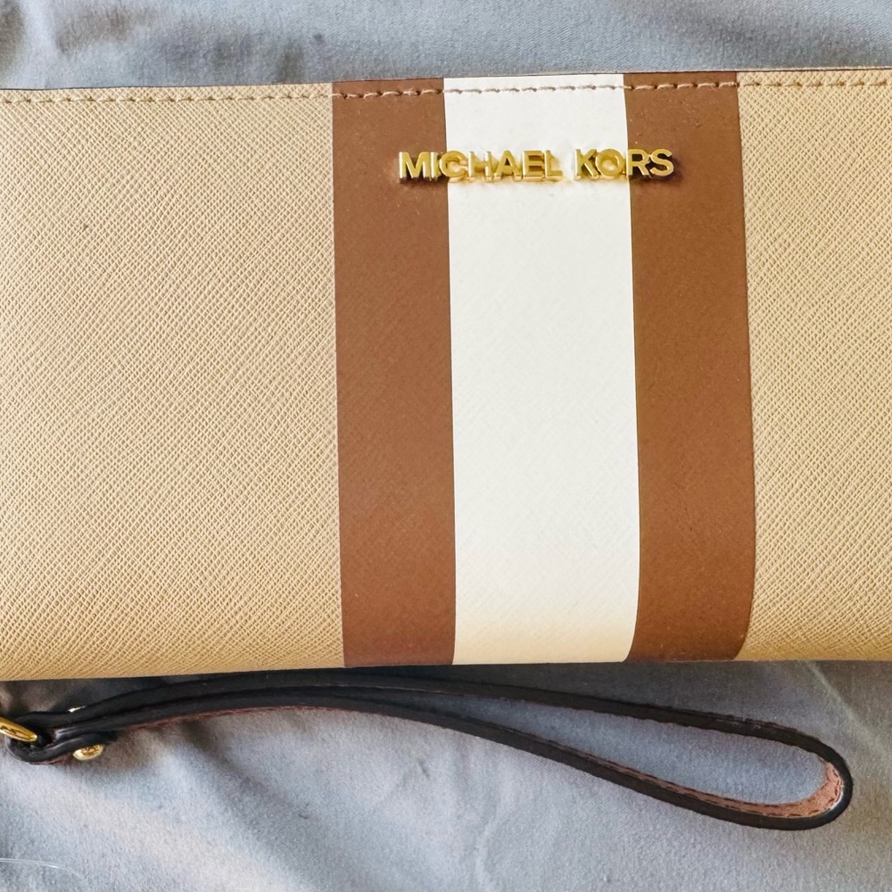 Michael Kors Beige and Brown Wristlet with White Stripe